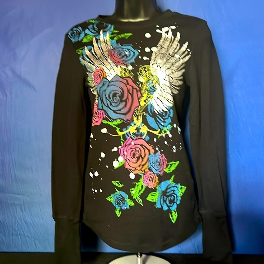 HIDE & SEEK Wings & Roses Girls Size Large (11-13 Junior) Black Long Sleeve